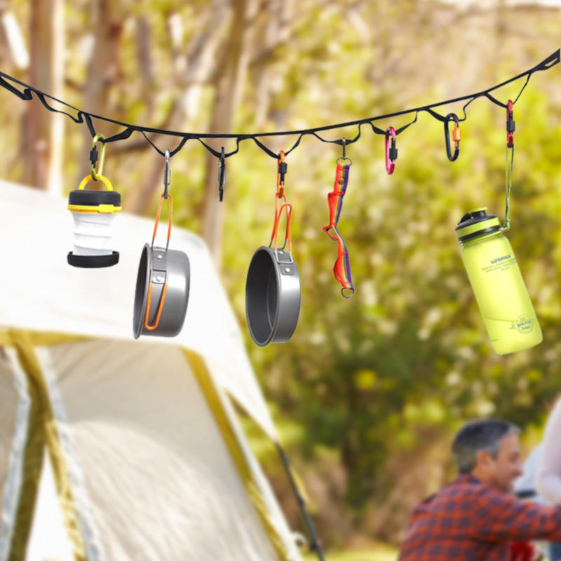 Outdoor camping tent storage rope adjustable clothesline strap camping lanyard with 19 hook hangers eprolo