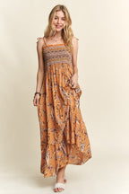 ADORA Smocked Printed Square Neck Tie Shoulder Cami Dress - Whispering Desires Shoppe