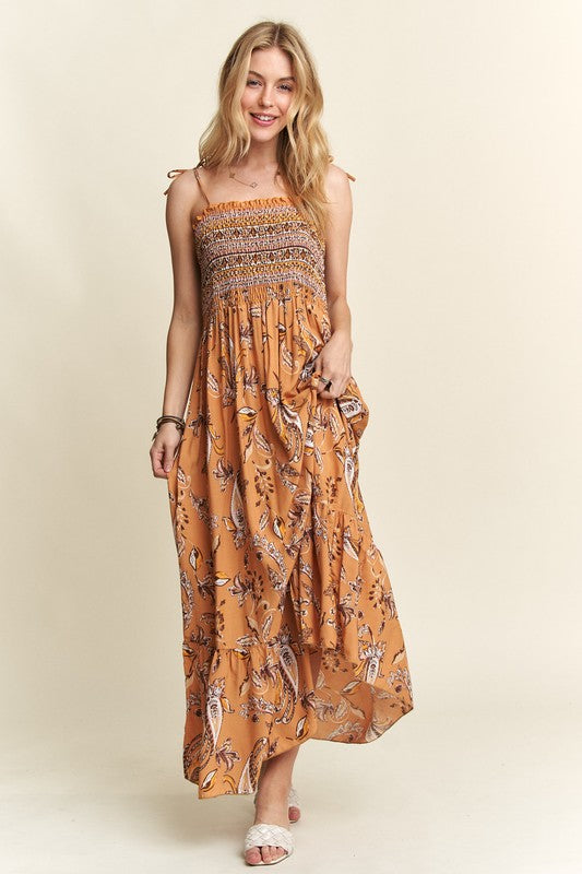 ADORA Smocked Printed Square Neck Tie Shoulder Cami Dress - Whispering Desires Shoppe