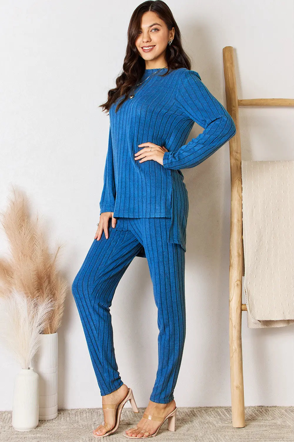 Trendsi Basic Bae Ribbed High-Low Top and Pants 2-Piece Loungewear Set - Whispering Desires Shoppe