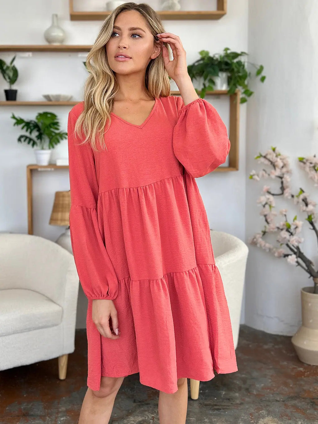 Double Take V-Neck Balloon Sleeve Tiered Dress w/ Pockets - Whispering Desires Shoppe