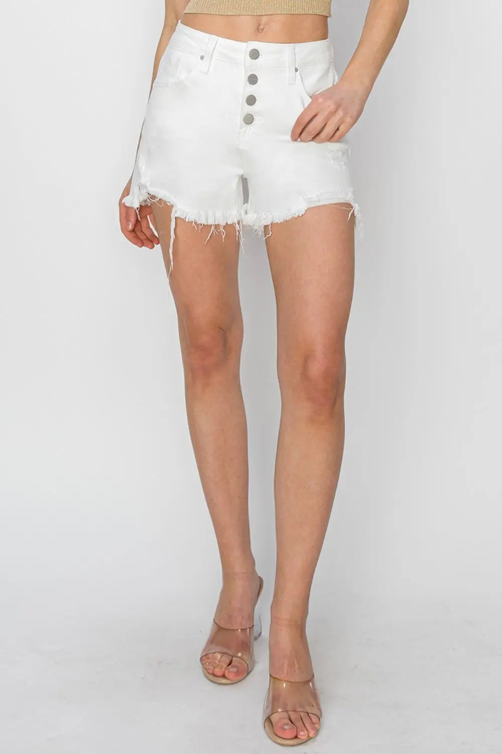 RISEN Button-Fly Frayed Hem Denim Shorts - Whispering Desires Shoppe