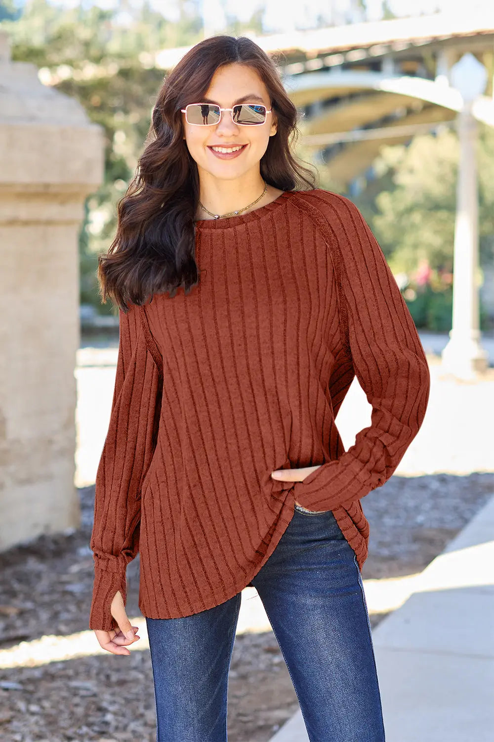 Basic Bae Ribbed Round-Neck Long-Sleeve Knit Top - Whispering Desires Shoppe