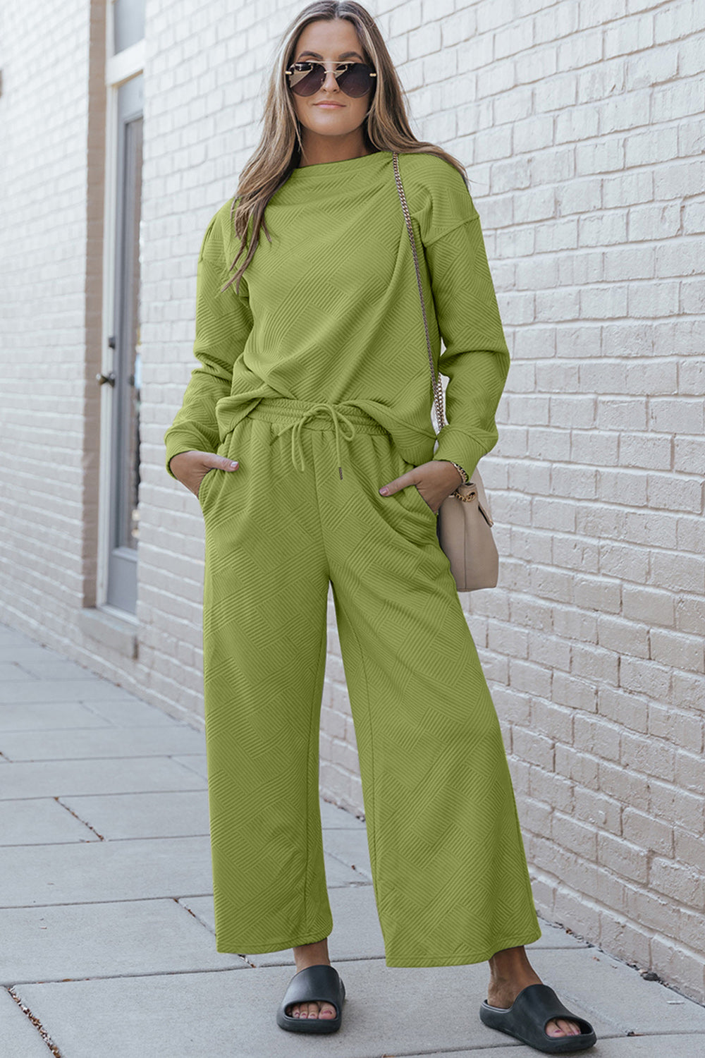 Double Take Full Size Textured Long Sleeve Top and Drawstring Pants Set - Whispering Desires Shoppe