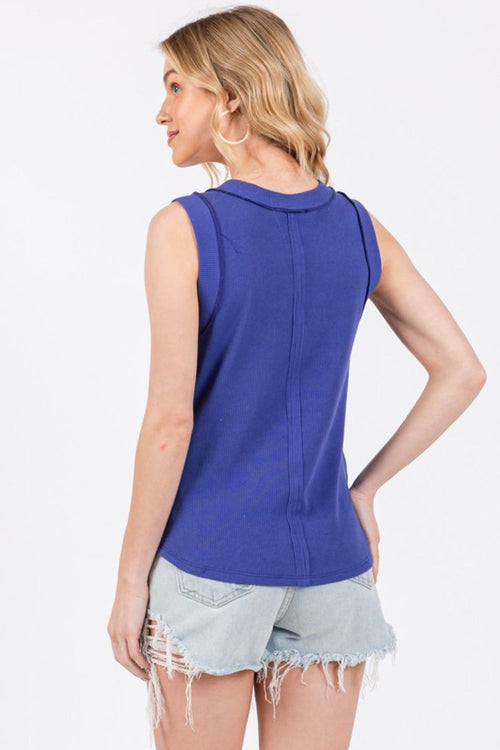 Ces Femme Stitch Detail Half Button Ribbed Tank - Whispering Desires Shoppe
