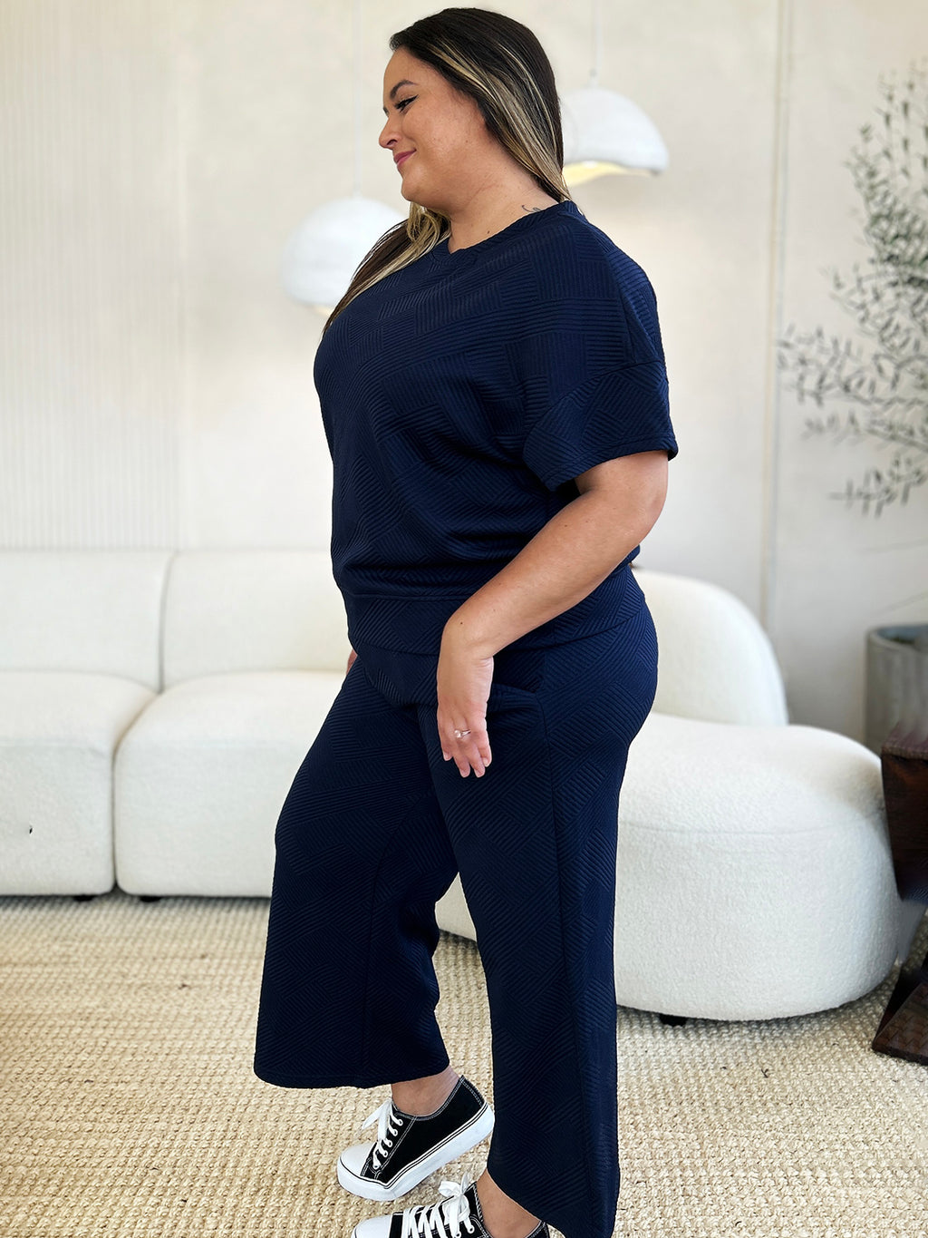 Double Take Full Size Texture Short Sleeve Top and Pants Set - Whispering Desires Shoppe