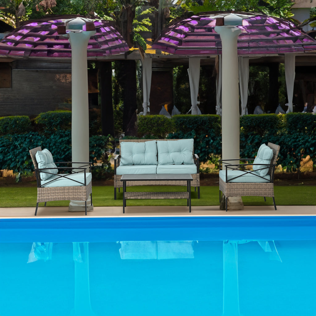 Patio Furniture, Outdoor Furniture, Seasonal PE Wicker Furniture, Four Set Wicker Furniture With Black Metal Table eprolo