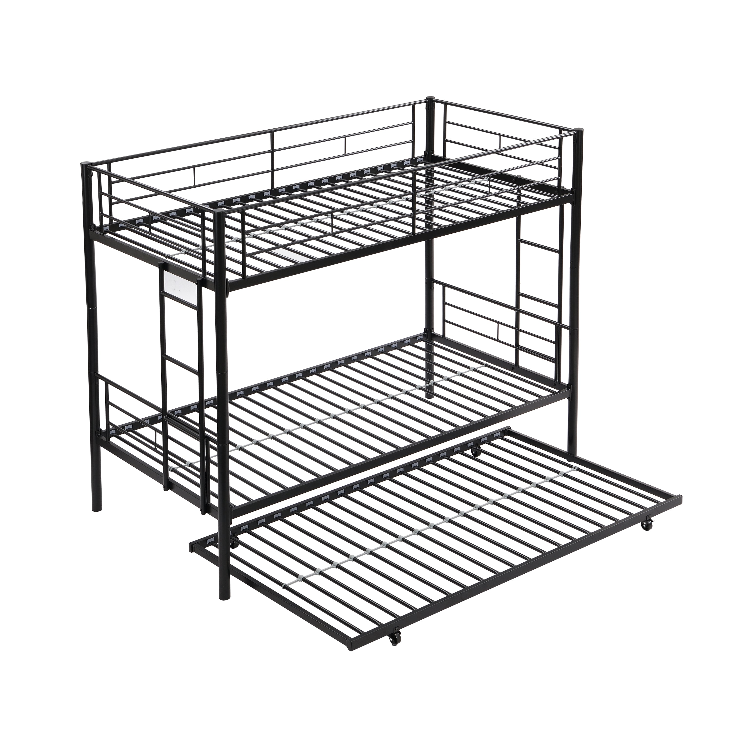 Twin bunk bed frame with trailer, metal bunk bed with sturdy guardrail and side ladder, can be divided into two beds, black eprolo