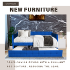 Blue padded twin beds with wheels, velvet fabric, no need for springs eprolo