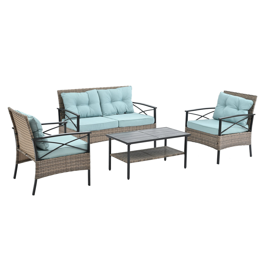 Patio Furniture, Outdoor Furniture, Seasonal PE Wicker Furniture, Four Set Wicker Furniture With Black Metal Table eprolo