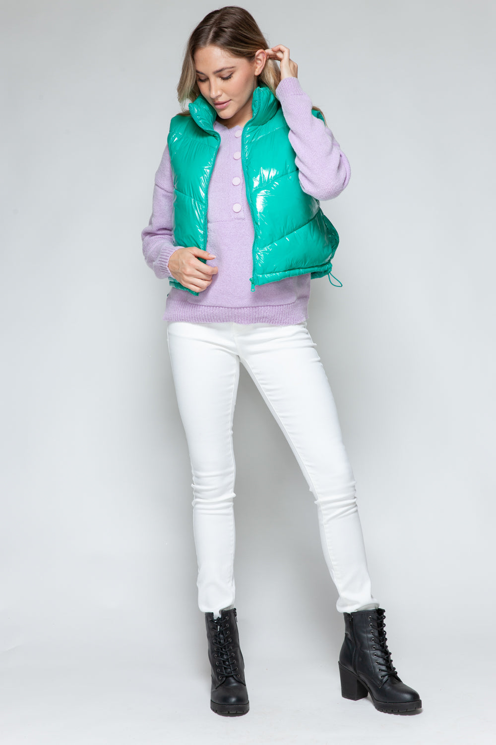 Snobbish Zip Up Turtleneck Shiny Quilted Vest - Whispering Desires Shoppe
