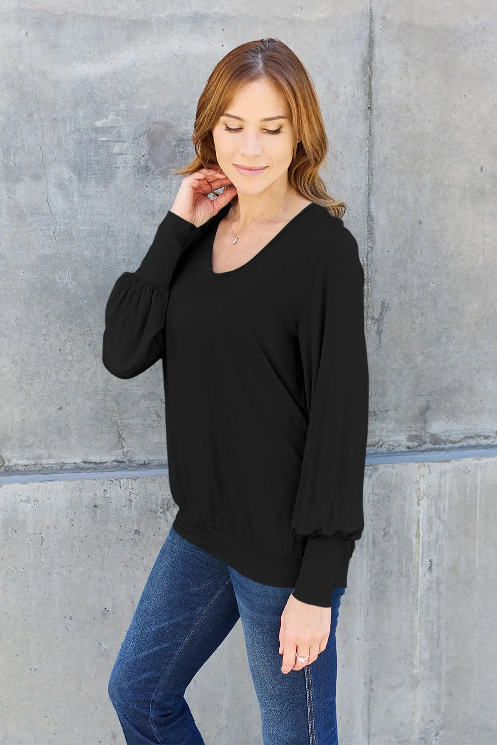 Basic Bae V-Neck Lantern Sleeve Top — Full Sizes - Whispering Desires Shoppe
