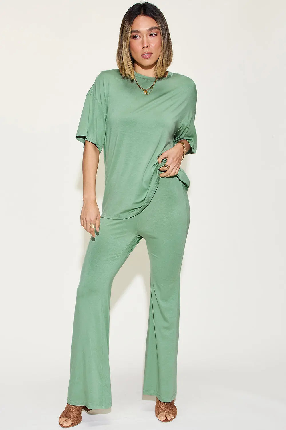 Basic Bae Full Size Bamboo Drop Shoulder T-Shirt and Flare Pants Set - Whispering Desires Shoppe