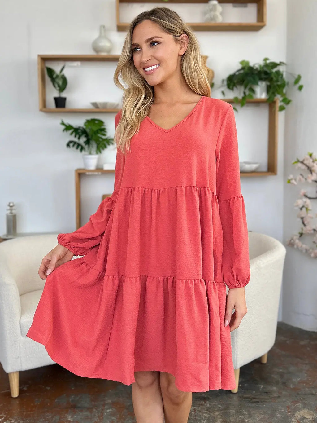 Double Take V-Neck Balloon Sleeve Tiered Dress w/ Pockets - Whispering Desires Shoppe