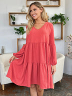 Double Take V-Neck Balloon Sleeve Tiered Dress w/ Pockets - Whispering Desires Shoppe