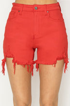 RISEN High-Rise Distressed Denim Shorts - Whispering Desires Shoppe