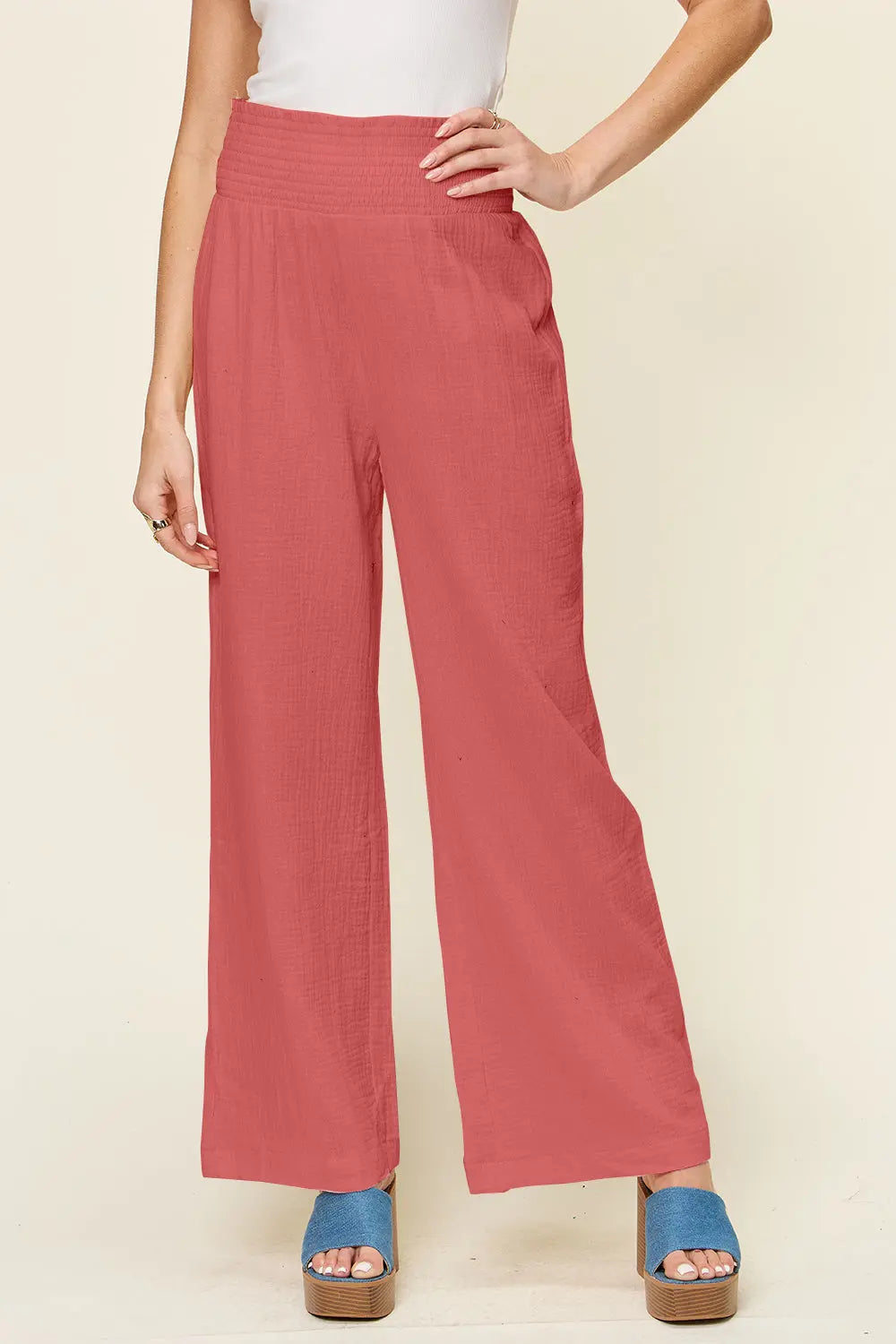 Double Take Smocked-Waist Wide-Leg Cotton Pants - Whispering Desires Shoppe
