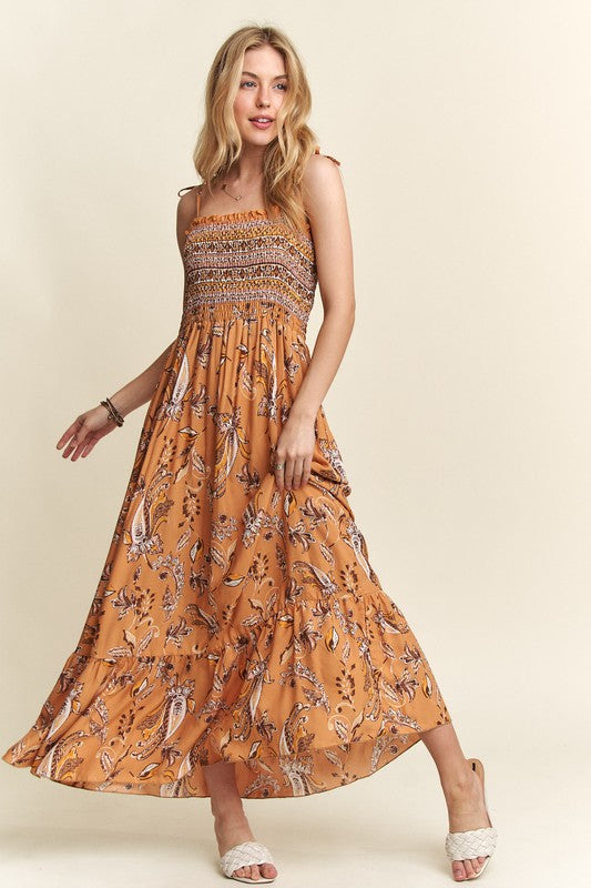 ADORA Smocked Printed Square Neck Tie Shoulder Cami Dress - Whispering Desires Shoppe