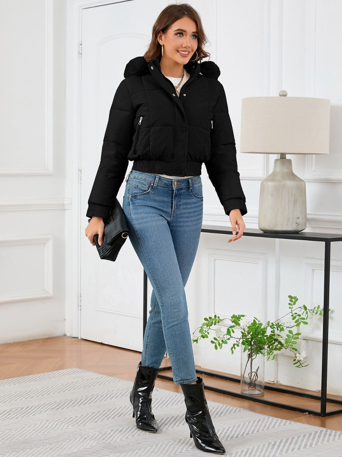 Pocketed Long Sleeve Cropped Hooded Winter Coat - Whispering Desires Shoppe