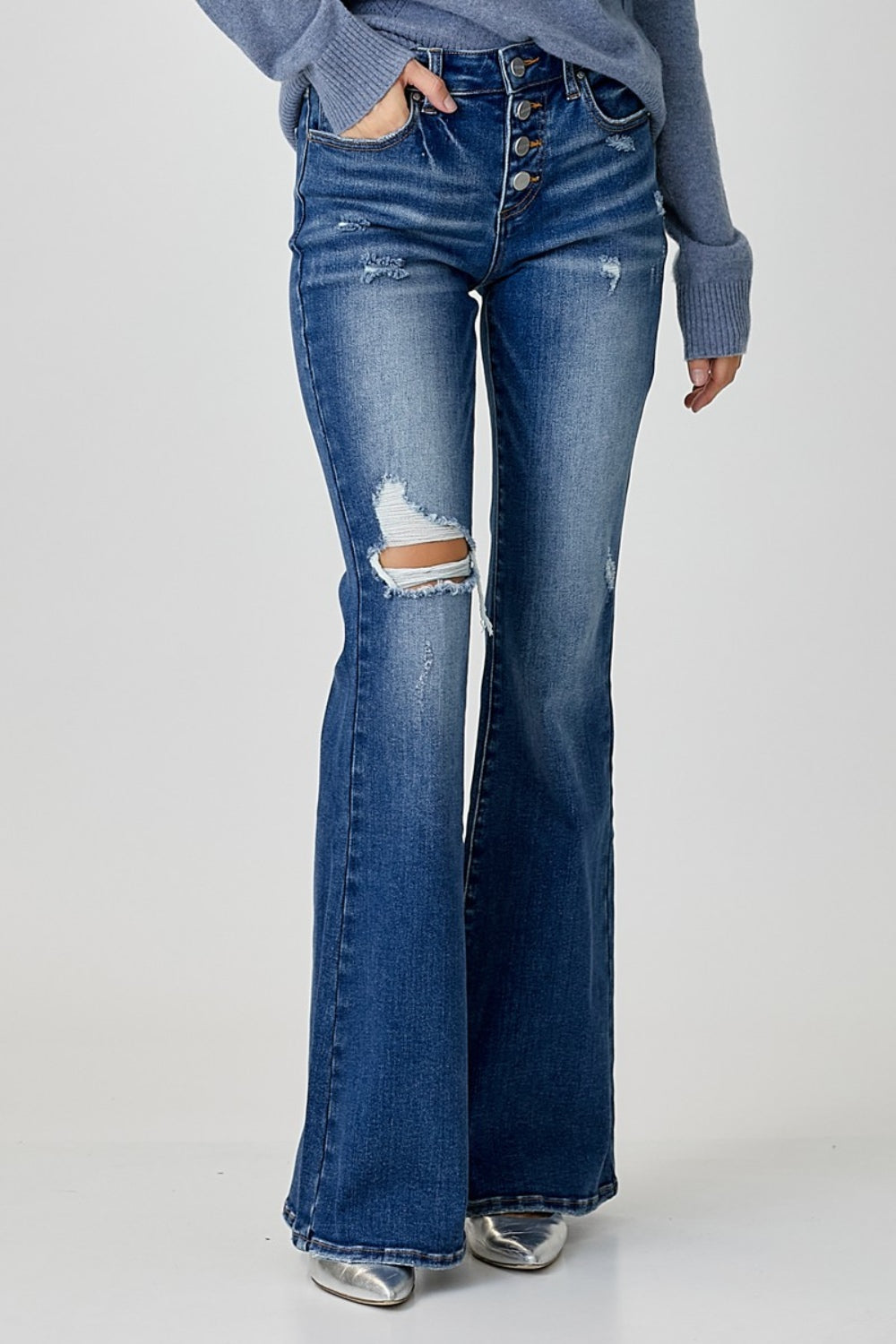 RISEN Distressed Button-Fly Flare Jeans - Whispering Desires Shoppe
