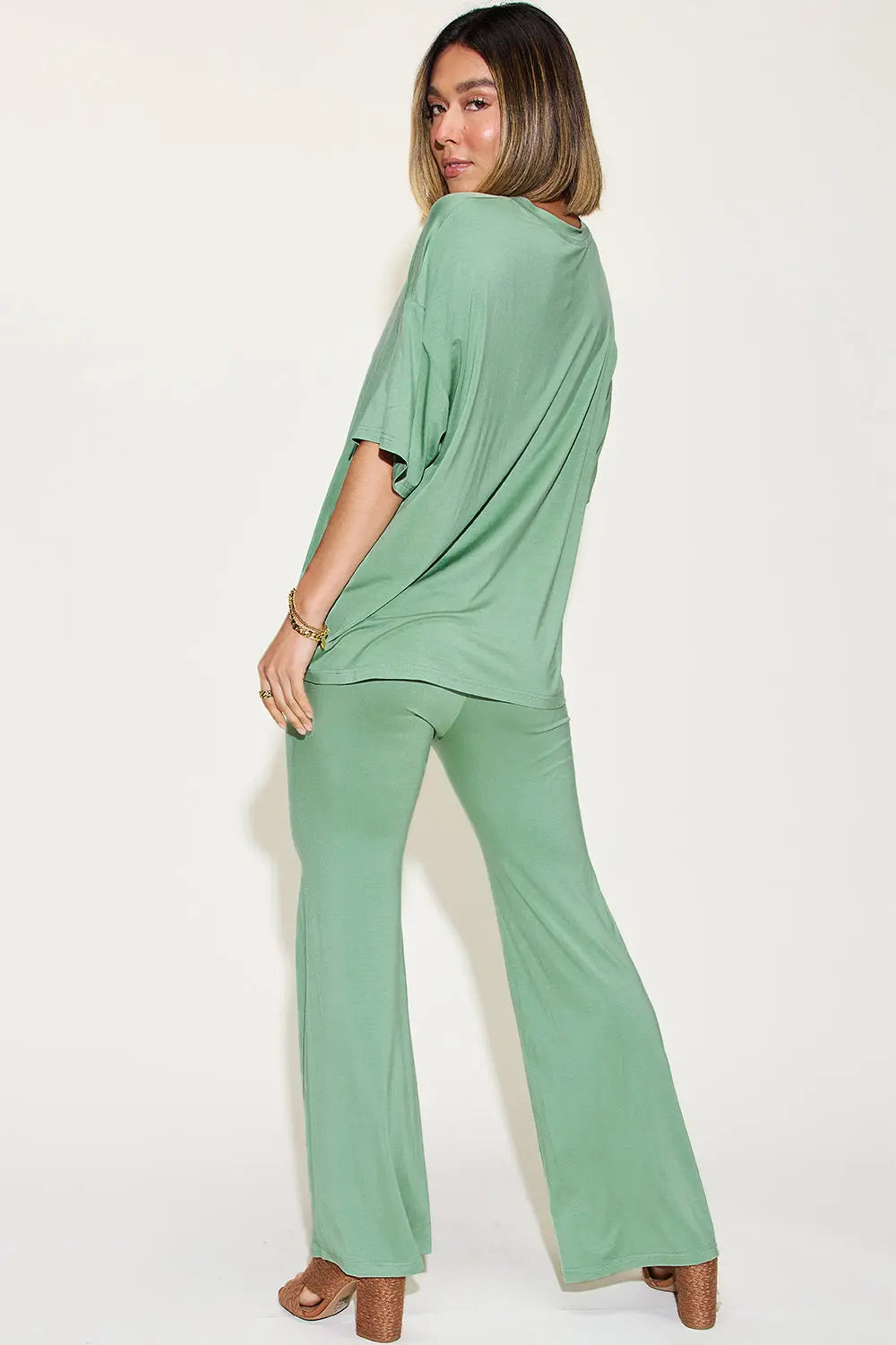 Basic Bae Full Size Bamboo Drop Shoulder T-Shirt and Flare Pants Set - Whispering Desires Shoppe