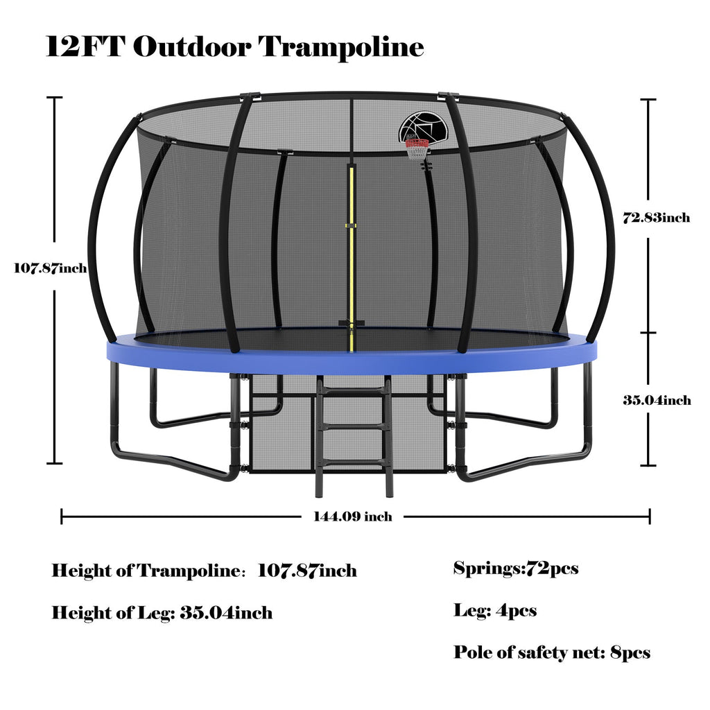 12FT Recreational Kids Trampoline with Safety Enclosure Net & Ladder, Outdoor Recreational Trampolines eprolo