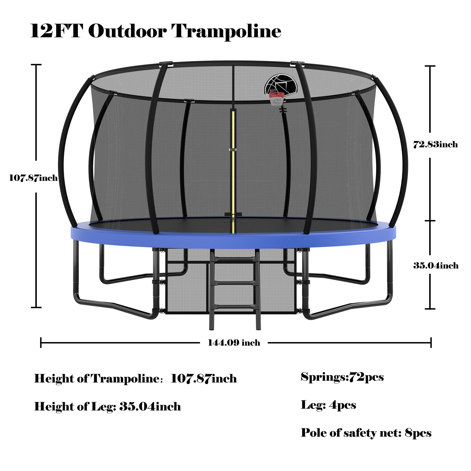 12FT Recreational Kids Trampoline with Safety Enclosure Net & Ladder, Outdoor Recreational Trampolines eprolo