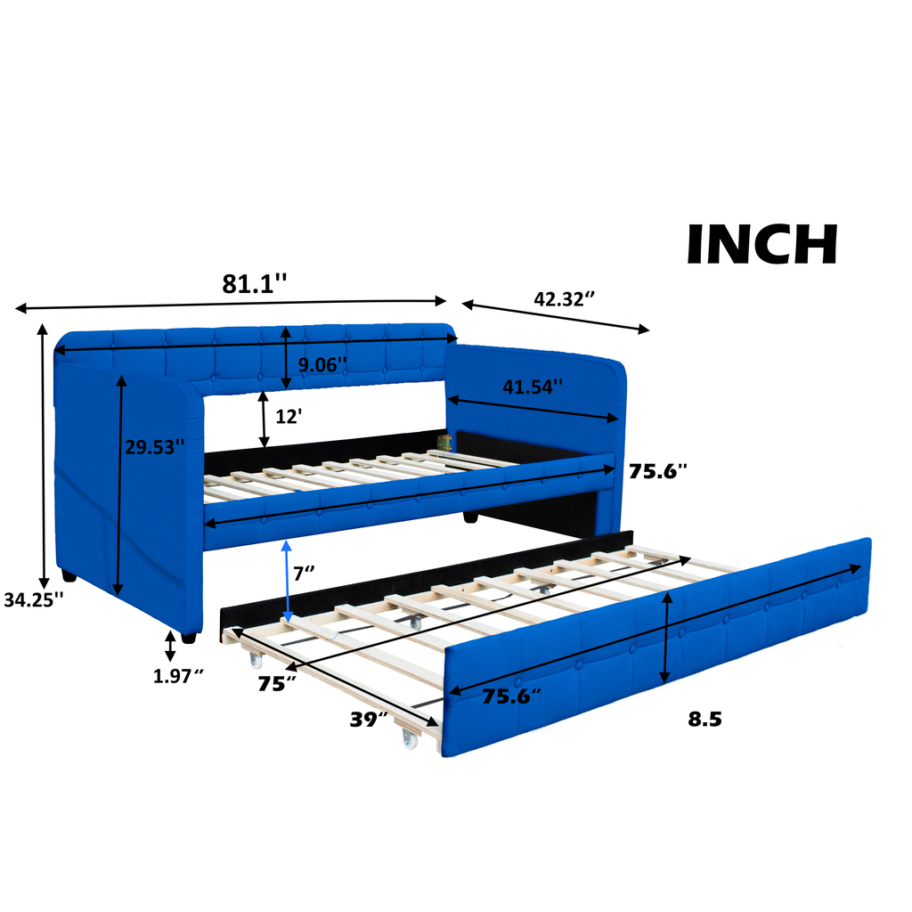 Blue padded twin beds with wheels, velvet fabric, no need for springs eprolo