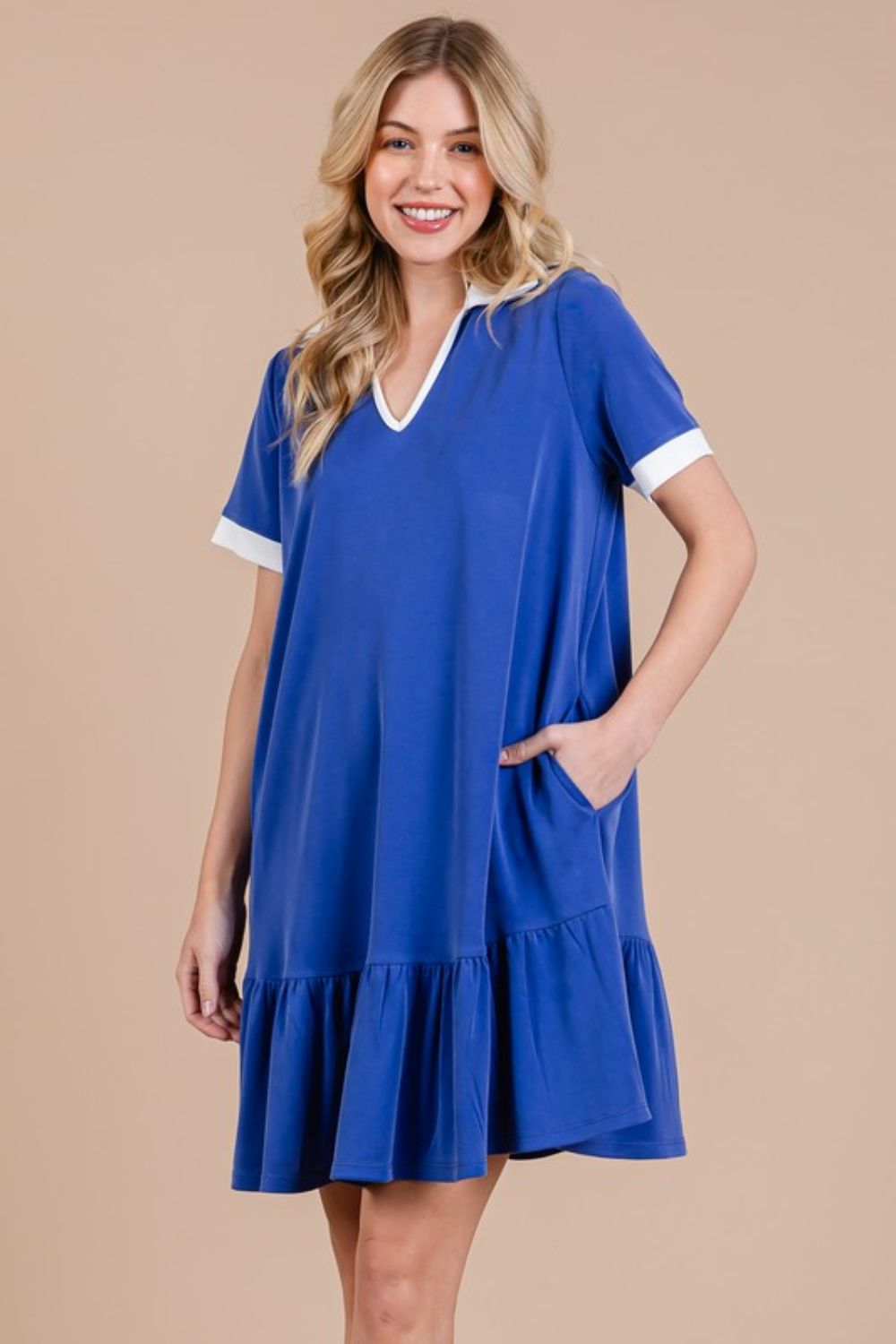 Ces Femme Ruffled Hem Johnny Collar Short Sleeve Dress - Whispering Desires Shoppe