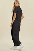 Double Take Collared Two-Piece Top & Wide-Leg Pants - Whispering Desires Shoppe