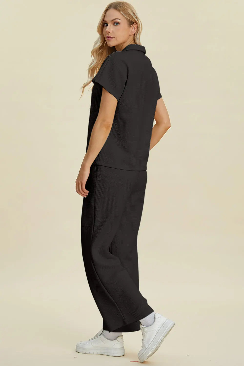 Double Take Collared Two-Piece Top & Wide-Leg Pants - Whispering Desires Shoppe