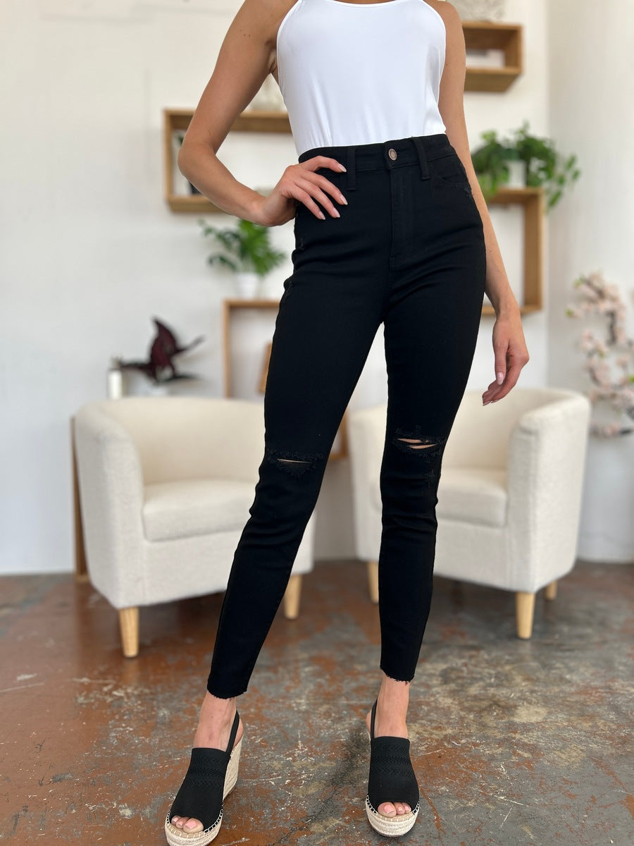 Judy Blue Full Size Distressed Tummy Control High Waist Skinny Jeans - Whispering Desires Shoppe