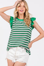 Ces Femme Striped Round Neck Ruffled Cap Sleeve Top - Whispering Desires Shoppe
