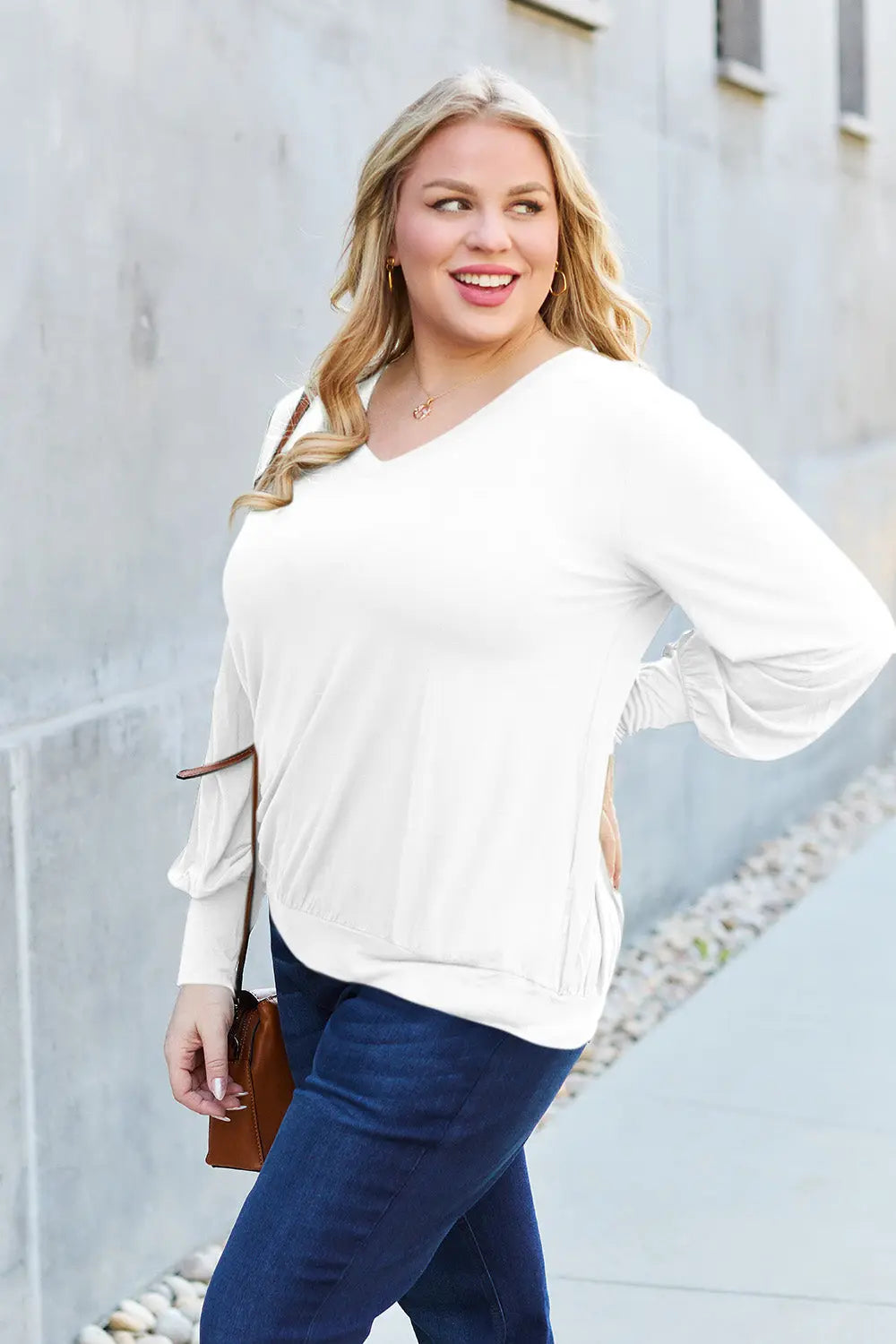 Basic Bae V-Neck Lantern Sleeve Top — Full Sizes - Whispering Desires Shoppe