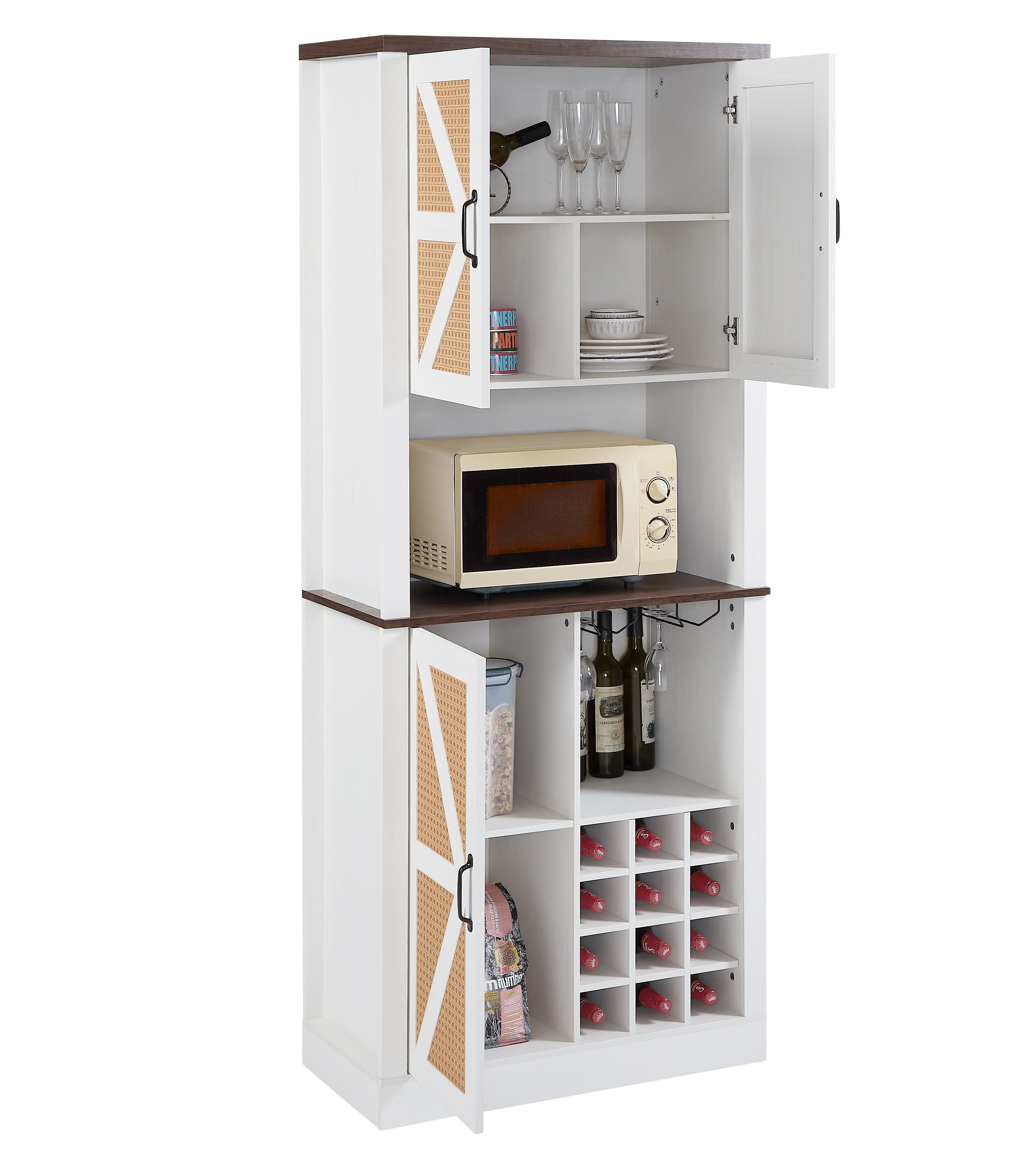 76 Inch Tall Farmhouse Kitchen Faux Rattan Wine Cabinet, Kitchen Bar Cabinet with Square Compartments and Shelves eprolo