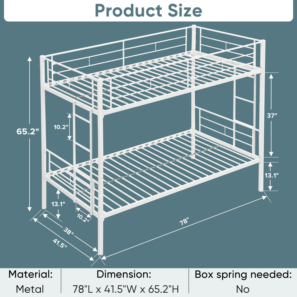 Twin metal bunk beds, metal structure bed frame with safety guardrails and 2 ladders, convertible bunk beds, white eprolo