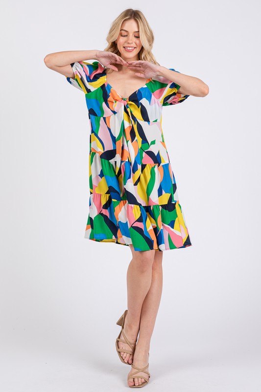 Ces Femme Abstract Print Sweetheart Neck Puff Sleeve Dress - Whispering Desires Shoppe