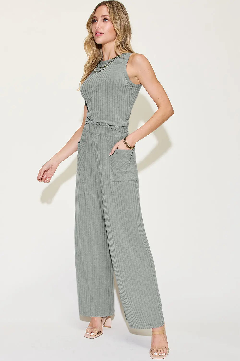 Ribbed Tank & Wide-Leg Pants Two-Piece Set - Whispering Desires Shoppe