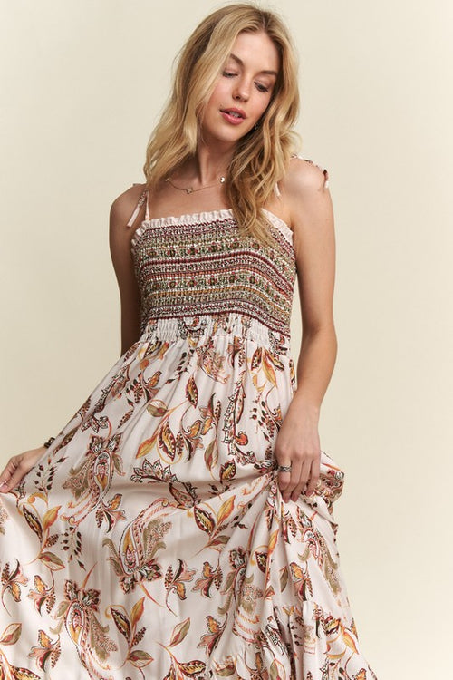 ADORA Smocked Printed Square Neck Tie Shoulder Cami Dress - Whispering Desires Shoppe