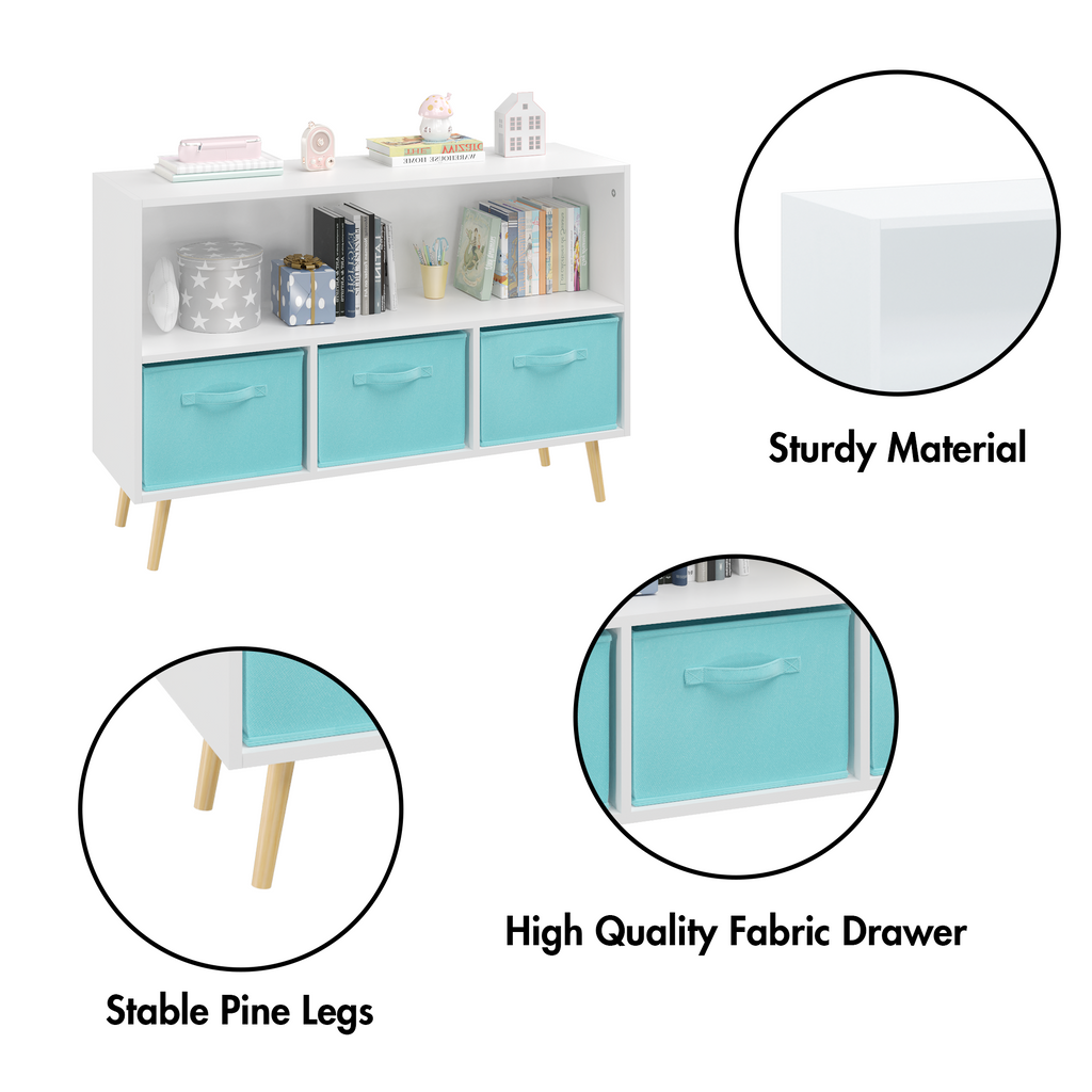 Kids bookcase with Collapsible Fabric Drawers Children's Book Display Toy Storage Cabinet Organizer White/Blue eprolo