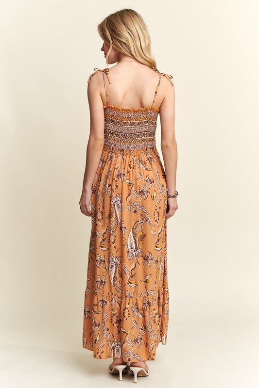 ADORA Smocked Printed Square Neck Tie Shoulder Cami Dress - Whispering Desires Shoppe