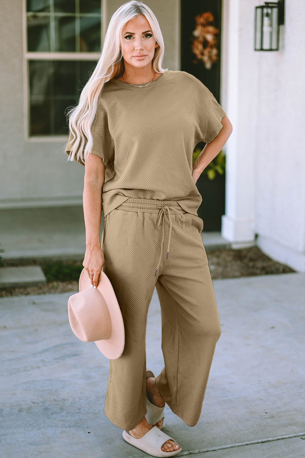 Double Take Full Size Texture Short Sleeve Top and Pants Set - Whispering Desires Shoppe
