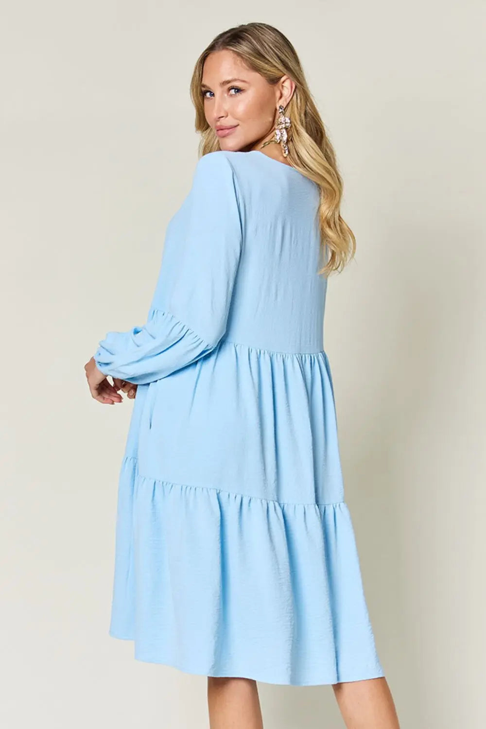 Double Take V-Neck Balloon Sleeve Tiered Dress w/ Pockets - Whispering Desires Shoppe