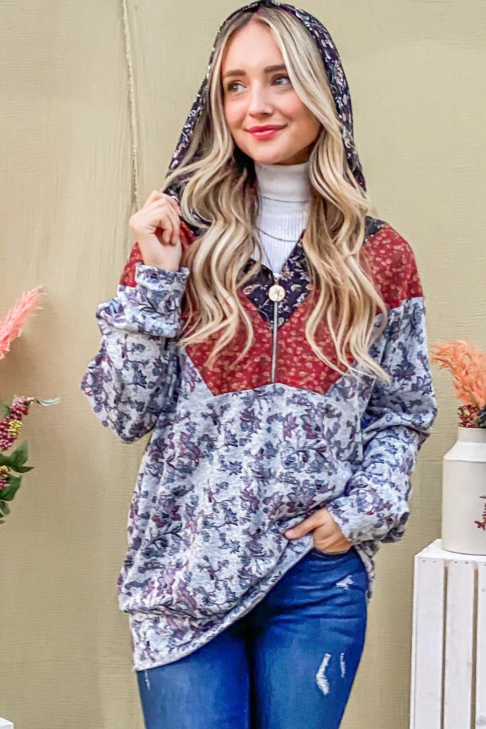 And The Why Printed Half Zip Up Long Sleeve Hoodie - Whispering Desires Shoppe