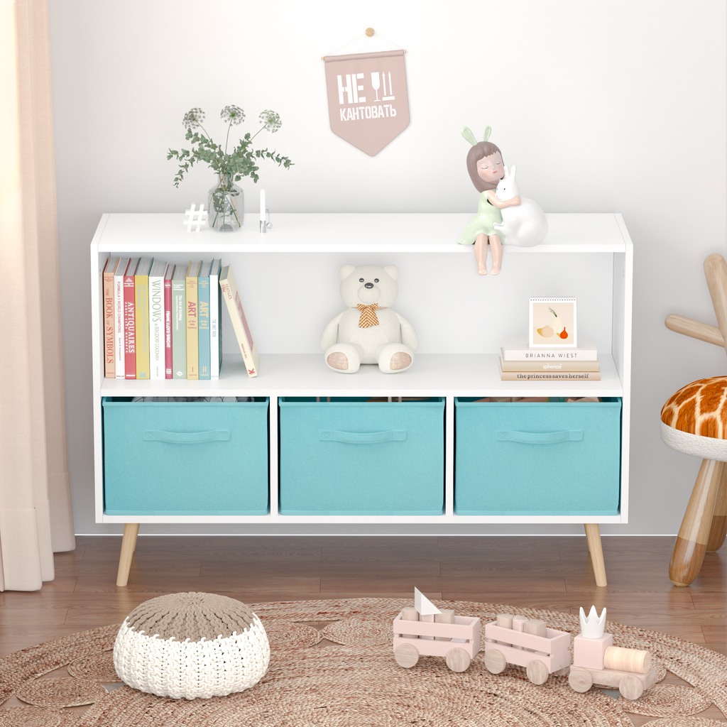 Kids bookcase with Collapsible Fabric Drawers Children's Book Display Toy Storage Cabinet Organizer White/Blue eprolo