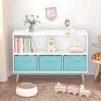 Kids bookcase with Collapsible Fabric Drawers Children's Book Display Toy Storage Cabinet Organizer White/Blue eprolo