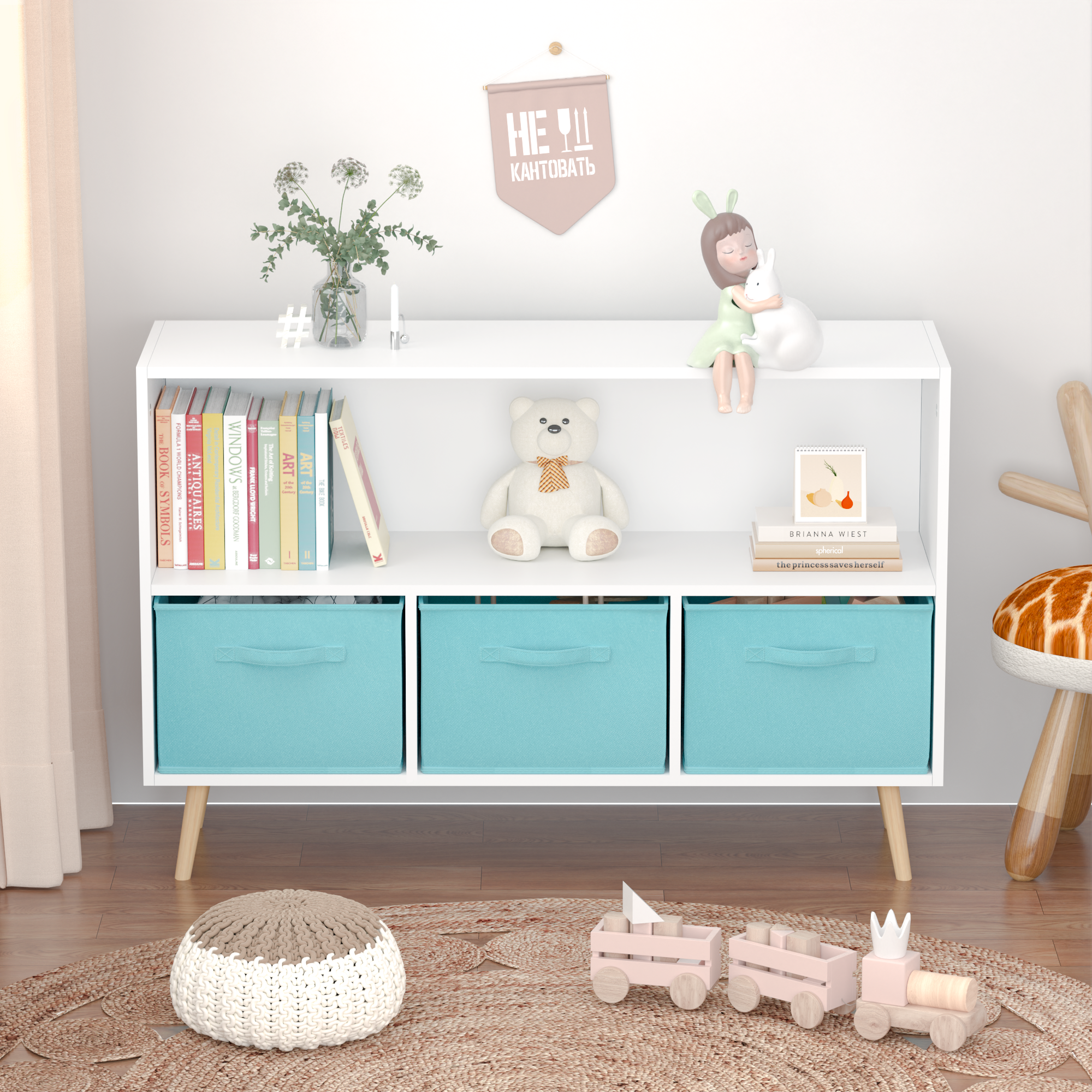 Kids bookcase with Collapsible Fabric Drawers Children's Book Display Toy Storage Cabinet Organizer White/Blue eprolo