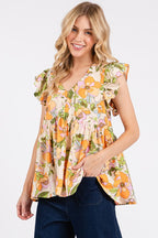 Mittoshop Floral V-Neck Ruffled Cap Sleeve Blouse - Whispering Desires Shoppe