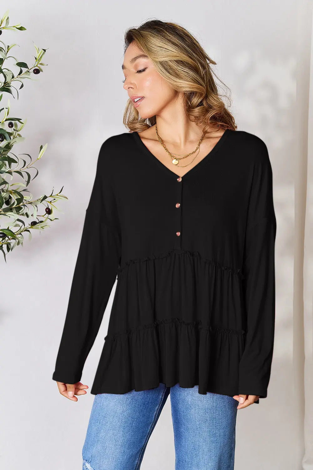 Double Take Ruffle-Hem Button Blouse - Whispering Desires Shoppe