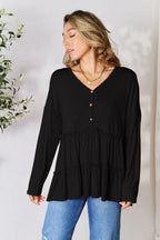 Double Take Ruffle-Hem Button Blouse - Whispering Desires Shoppe